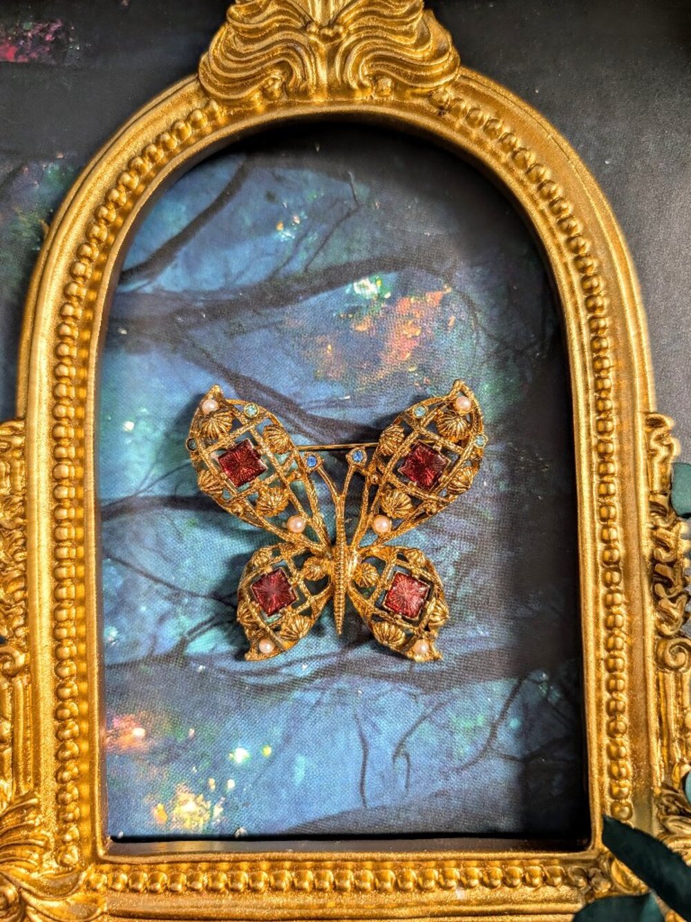 Vintage Large Filigree Butterfly Brooch with Rhinestone & Enamel Accents